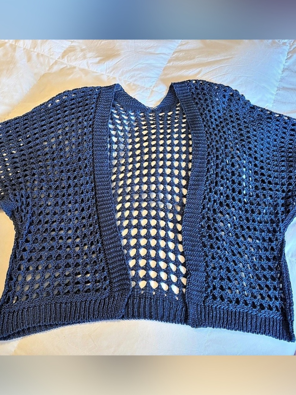 Open Knit Short Sleeve Sweater in Blue